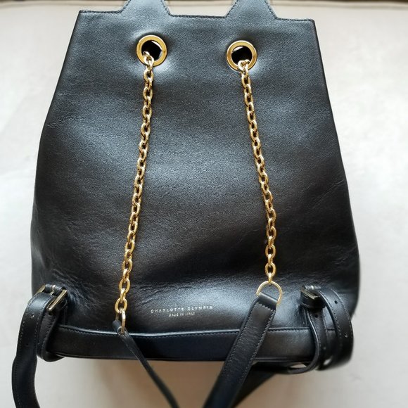 CHARLOTTE OLYMPIA CAT/FELINE BACK PACK/BACKPACK PURSE Black Leather, Gold Metal - Picture 3 of 10